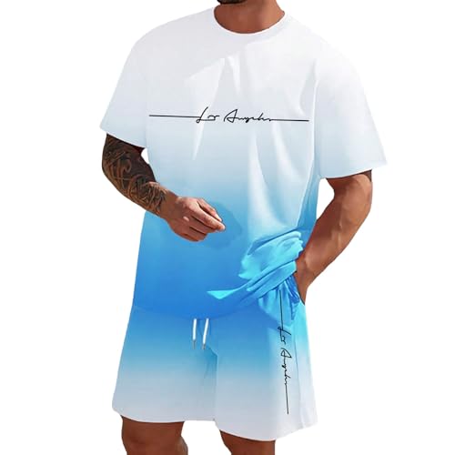 WAZHAKU Sommer Outfit Herren Trainingsanzug mit Farbverlauf T-Shirt und Shorts Set Zweiteiler Herren Sommer Jogginganzug Kurzarm Freizeitanzug Streetwear 2 Teiliges Sportanzug Hausanzug Activewear von WAZHAKU