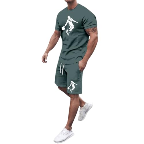 WAZHAKU Sommer Outfit Herren Zweiteiler Kurzarm Atmungsaktive 2 Teiler Jogginganzug Strand Casual Tracksuit Freizeitanzug Shorts Und Basketball Tshirt Set Klamotten Bequem Kurz Trainingsanzug von WAZHAKU