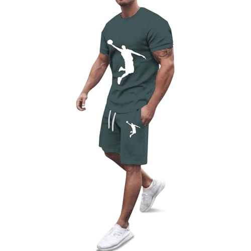 WAZHAKU Sommer Outfit Herren Zweiteiler Kurzarm Atmungsaktive 2 Teiler Jogginganzug Strand Casual Tracksuit Freizeitanzug Shorts Und Basketball Tshirt Set Klamotten Bequem Kurz Trainingsanzug von WAZHAKU