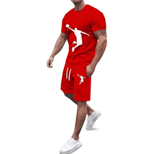 WAZHAKU Sommer Outfit Herren Zweiteiler Kurzarm Atmungsaktive 2 Teiler Jogginganzug Strand Casual Tracksuit Freizeitanzug Shorts Und Basketball Tshirt Set Klamotten Bequem Kurz Trainingsanzug von WAZHAKU