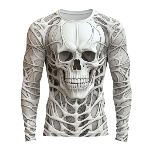 WAZHAKU T Shirt Herren Langarm Sportshirt mit 3D-Totenkopf Druck Oversize Trainingsshirt Rundhals Freizeithemd Wander Tshirt Jogger Fitness Atmungsaktive Gym Sport Oberteile Muskelshirts von WAZHAKU