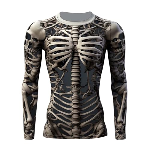 WAZHAKU T Shirt Herren Langarm Sportshirt mit 3D-Totenkopf Druck Oversize Trainingsshirt Rundhals Freizeithemd Wander Tshirt Jogger Fitness Atmungsaktive Gym Sport Oberteile Muskelshirts von WAZHAKU