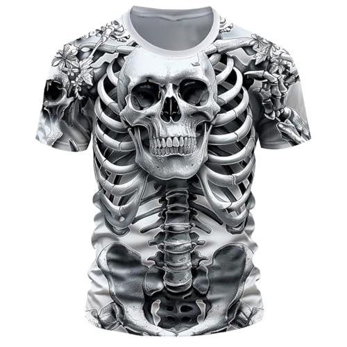 WAZHAKU T Shirt Herren Langarm Sportshirt mit 3D-Totenkopf Druck Oversize Trainingsshirt Rundhals Freizeithemd Wander Tshirt Jogger Fitness Atmungsaktive Gym Sport Oberteile Muskelshirts von WAZHAKU