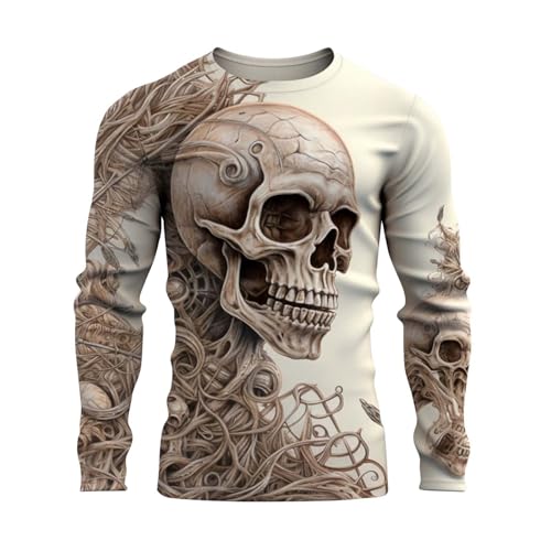 WAZHAKU T Shirt Herren Langarm Sportshirt mit 3D-Totenkopf Druck Oversize Trainingsshirt Rundhals Freizeithemd Wander Tshirt Jogger Fitness Atmungsaktive Gym Sport Oberteile Muskelshirts von WAZHAKU