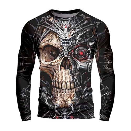 WAZHAKU T Shirt Herren Langarm Sportshirt mit 3D-Totenkopf Druck Oversize Trainingsshirt Rundhals Freizeithemd Wander Tshirt Jogger Fitness Atmungsaktive Gym Sport Oberteile Muskelshirts von WAZHAKU