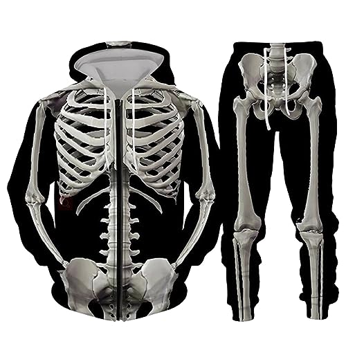 WAZHAKU Trainingsanzug Herren Halloween Kostüme Skelett Jogginganzug Bequeme Tracksuit Oversized Freizeitanzug Sweatsuits Zweiteiliger Fitnessanzug 2-Teilig Kapuzenjacke + Jogginghose Unisex von WAZHAKU