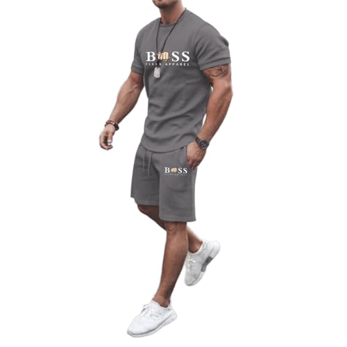 WAZHAKU Trainingsanzug Herren Jogginganzug Bequeme Sommer Outfit Oversized Sport Kleidung Zweiteiler Outfit Fitnessanzug 2-Teilig T-shirts + Sport Shorts Unisex Schlafanzug Loungewear von WAZHAKU