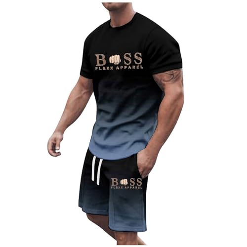 WAZHAKU Trainingsanzug Herren Sommer Outfit Jogginganzug Sportanzug Oversized Sportbekleidung Zweiteiler Outfit Streetwear 2-Teilig T-shirts + Kurze Hose Freizeit Hausanzug Tshirt Activewear von WAZHAKU
