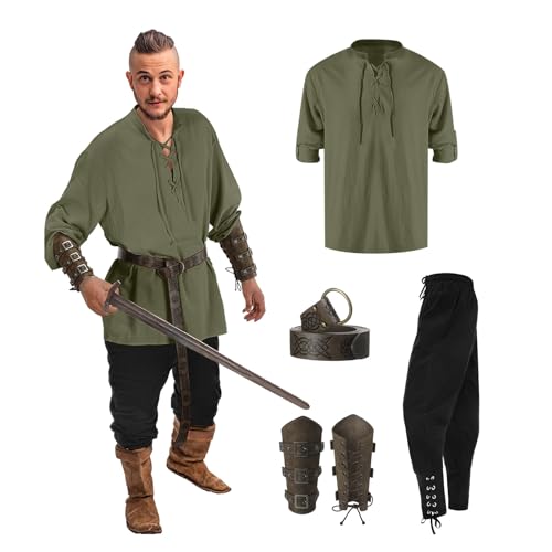 WAZHAKU Wikinger Kostüm Mittelalter Kleidung Herren Set Mit Renaissance Kostüm, Leinenhemd, Mittelalterliches Piratenhemd Und Hose Mit Knöchelriemen von WAZHAKU