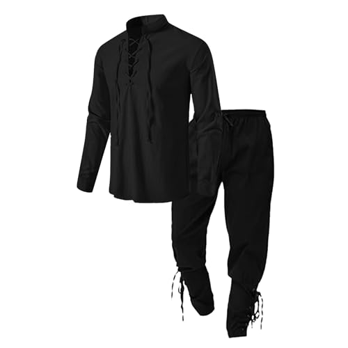 WAZHAKU Wikinger Kostüm Mittelalter Kleidung Herren Set Mit Renaissance Kostüm, Leinenhemd, Mittelalterliches Piratenhemd Und Hose Mit Knöchelriemen von WAZHAKU