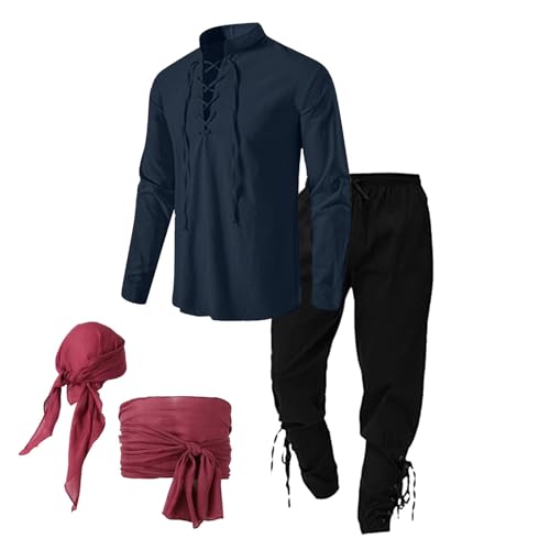 WAZHAKU Wikinger Kostüm Mittelalter Kleidung Herren Set Mit Leinenhemd, Renaissance Kostüm, Mittelalterliches Piratenhemd, Mittelalter Hose Mit Knöchelriemen von WAZHAKU