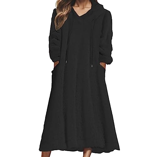 WAZHAKU Winterkleid Damen Fleece Lang Langarm Winter Kleider Damen Mit Kapuze Warm Maxikleid Damen V Ausschnitt Mit Taschen Kleid Damen Elegant Einfarbig Hauskleid Damen Innenfutter Schlafkleid von WAZHAKU
