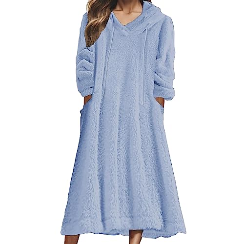WAZHAKU Winterkleid Damen Fleece Lang Langarm Winter Kleider Damen Mit Kapuze Warm Maxikleid Damen V Ausschnitt Mit Taschen Kleid Damen Elegant Einfarbig Hauskleid Damen Innenfutter Schlafkleid von WAZHAKU