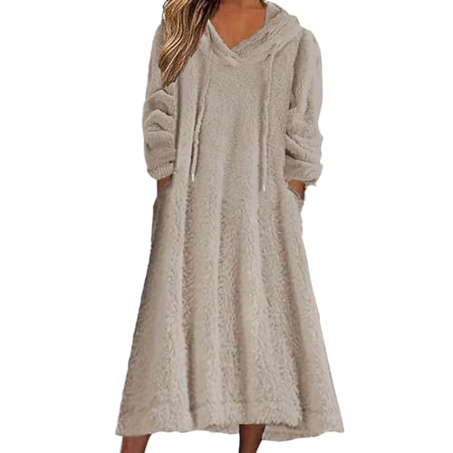 WAZHAKU Winterkleid Damen Fleece Lang Langarm Winter Kleider Damen Mit Kapuze Warm Maxikleid Damen V Ausschnitt Mit Taschen Kleid Damen Elegant Einfarbig Hauskleid Damen Innenfutter Schlafkleid von WAZHAKU