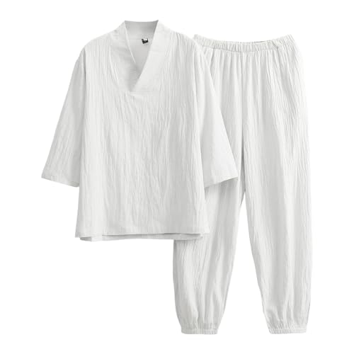 WAZHAKU Zweiteiler Leinen Freizeitanzug Herren Leinenanzug Sommer 2-Teiliges Shirt Langarm und Strandhose Aus Baumwolle und Leinen Casual Hausanzug Jogginganzug Atmungsaktive Yoga Anzug von WAZHAKU