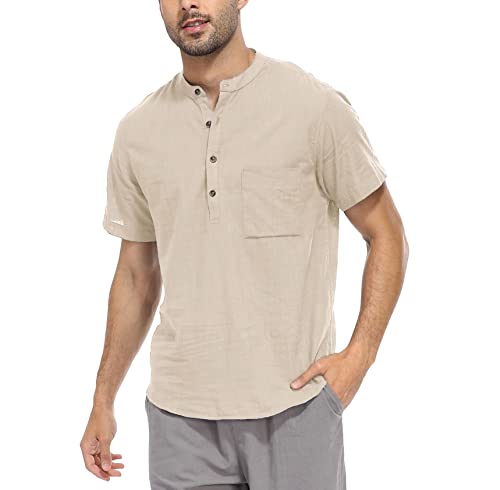 WAZZAP Hemd Herren Baumwolle Leinenhemd Henley Kurzarm Sommerhemd Regular Fit Freizeithemd Shirts von WAZZAP