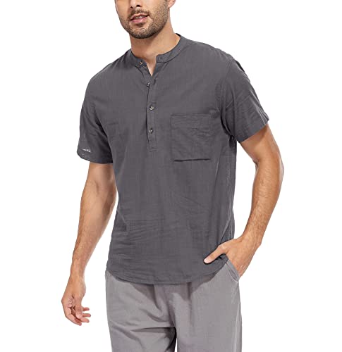 WAZZAP Hemd Herren Baumwolle Leinenhemd Henley Kurzarm Sommerhemd Regular Fit Freizeithemd Shirts von WAZZAP