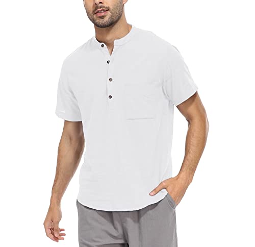 WAZZAP Hemd Herren Baumwolle Leinenhemd Henley Kurzarm Sommerhemd Regular Fit Freizeithemd Shirts von WAZZAP