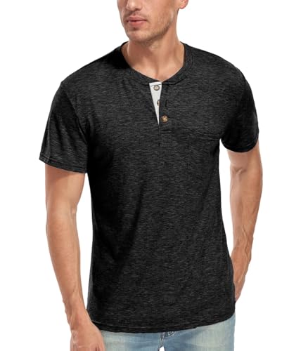 WAZZAP Henley Shirt Herren Kurzarm Casual Slim Fit Rundhals T Shirt Knopfleiste mit Grandad-Ausschnitt von WAZZAP