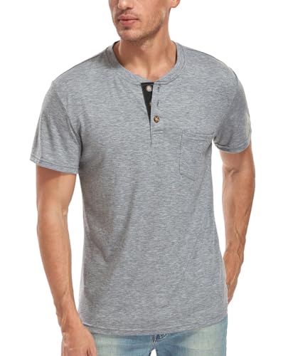 WAZZAP Henley Shirt Herren Kurzarm Casual Slim Fit Rundhals T Shirt Knopfleiste mit Grandad-Ausschnitt von WAZZAP