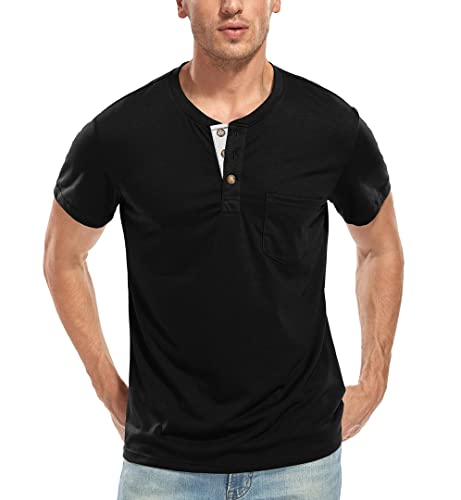 WAZZAP Henley Shirt Herren Kurzarm Casual Slim Fit Rundhals T Shirt Knopfleiste mit Grandad-Ausschnitt von WAZZAP