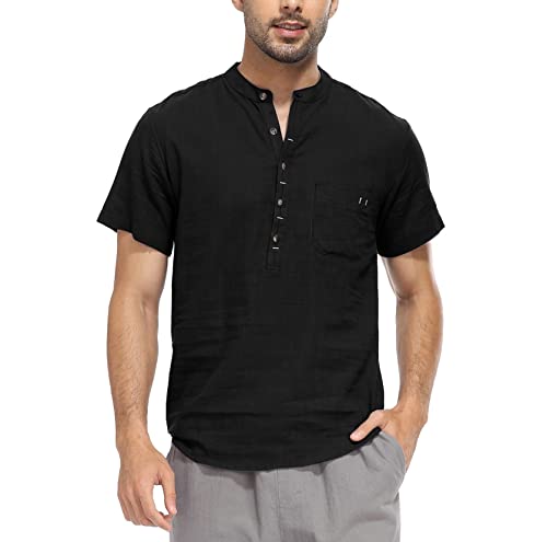 WAZZAP Herren Baumwolle Leinenhemd Henley Sommerhemd Kurzarm Hemd Regular Fit Freizeithemd Shirts von WAZZAP