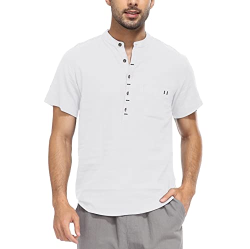 WAZZAP Herren Baumwolle Leinenhemd Henley Sommerhemd Kurzarm Hemd Regular Fit Freizeithemd Shirts von WAZZAP