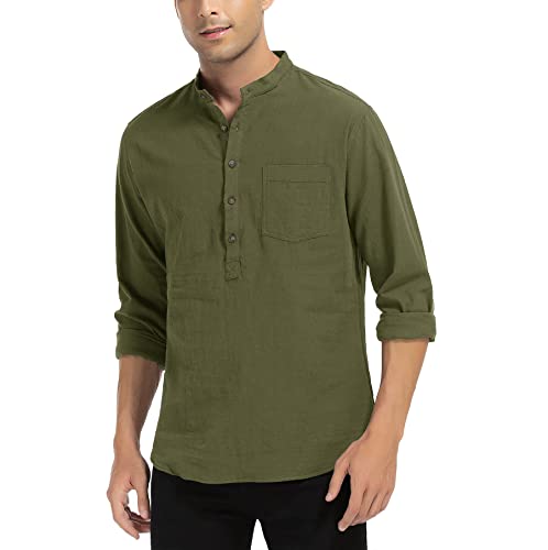 WAZZAP Herren Baumwolle Leinenhemd Langarm Henley Hemd Button Sommerhemd Freizeithemd von WAZZAP