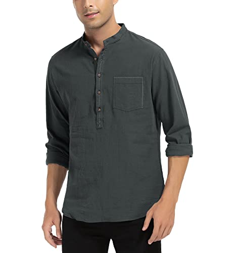 WAZZAP Herren Baumwolle Leinenhemd Langarm Henley Hemd Button Sommerhemd Freizeithemd von WAZZAP