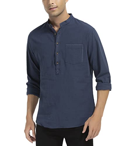 WAZZAP Herren Baumwolle Leinenhemd Langarm Henley Hemd Button Sommerhemd Freizeithemd von WAZZAP