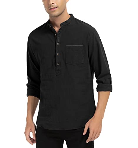 WAZZAP Herren Baumwolle Leinenhemd Langarm Henley Hemd Button Sommerhemd Freizeithemd von WAZZAP