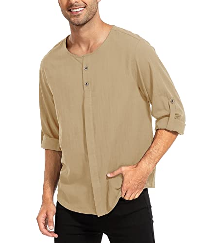 WAZZAP Herren Baumwolle Leinenhemd Regular Fit Button Langarm Strand Hemd Freizeithemd von WAZZAP