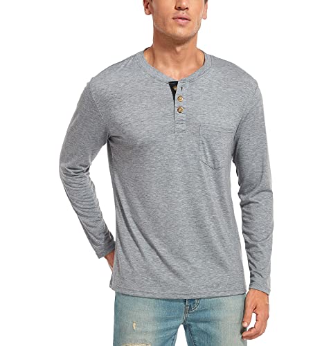 WAZZAP Langarmshirt Herren Henley Shirt Langarm Casual T-Shirt Grandad-Ausschnitt mit Knöpfen von WAZZAP