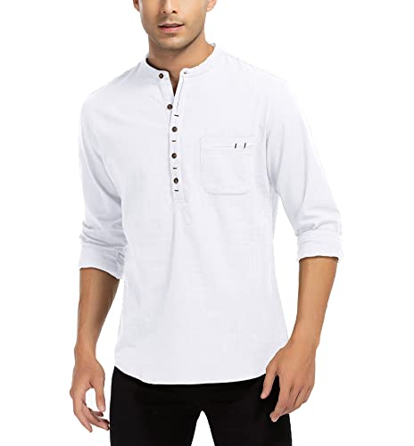 WAZZAP Leinenhemd Herren Hemd Langarm Henley Sommerhemd Regular Fit Freizeithemd Strandhemd von WAZZAP