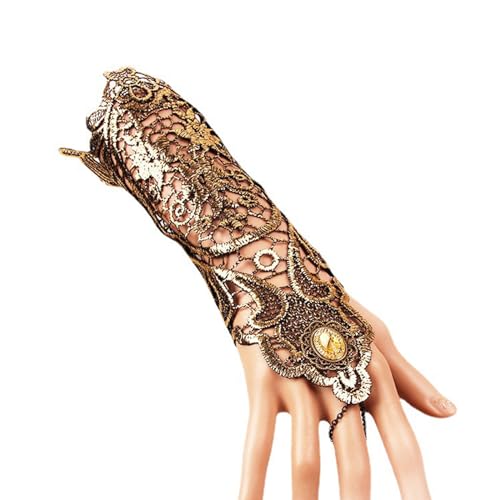 WBANGIAO Gothic Spitze Fingerlose Handschuh Spitze Manschette Fingerlose Gold Handschuhe Steampunk Armband Ring Schwarz Gold Geschenk für Verlobung von WBANGIAO