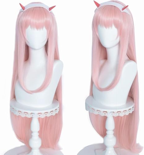 Anime Zero Two Cosplay Rosa Perücke Pastell for Frauen Lang Glatt Hot Pink mit Kopfbedeckung WBASOZMO von WBASOZMO