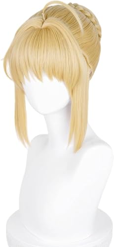 Kurze blonde Anime-Altria Pendragon-Cosplay-Perücke mit Pony und Zopfknoten, hellgoldene Kostümperücken for Frauen, Halloween-Party WBASOZMO Kurze blonde Anime-Altria Pendragon-Cosplay-Perücke mit Pony und Zopfknoten, hellgoldene Kostümperücken for Frauen, Halloween-Party WBASOZMO von WBASOZMO