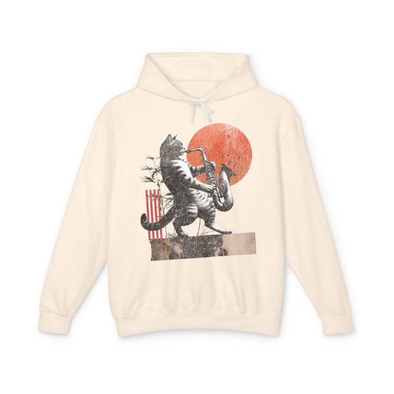 Sophisticated Cat's Saxophone Solo Music Lover Unisex Lightweight Hooded Sweatshirt, Cat Jazz Hoodie, Sax Musician von WBCreativeWorkshop