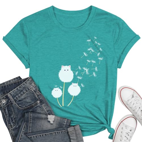 Katzen-Shirts für Damen, Blumen-T-Shirt, Löwenzahn-T-Shirt, niedlicher Löwenzahn, Katzen-Grafikdruck, Cyan2, Groß Katzen-Shirts für Damen, Blumen-T-Shirt, Löwenzahn-T-Shirt, niedlicher Löwenzahn, Katzen-Grafikdruck, Cyan2, Groß von WBH
