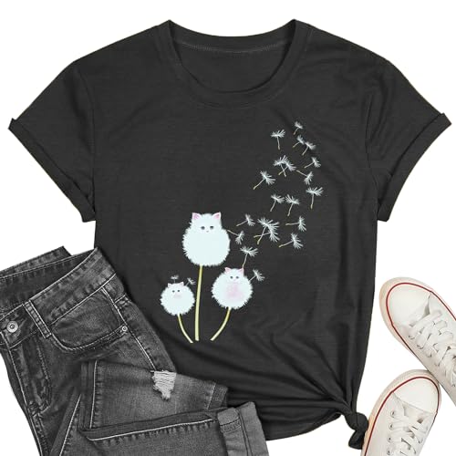 Damen T-Shirt Katzen-Löwenzahn-Print, Niedliches Blumenmotiv Kurzarm Shirt Lockere Passform Damen T-Shirt Katzen-Löwenzahn-Print, Niedliches Blumenmotiv Kurzarm Shirt Lockere Passform von WBH