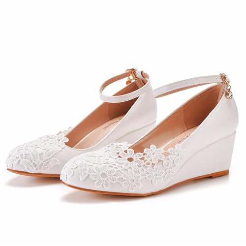 Damen Mittlerem Keilabsatz Absatz Heel Anhänger Schuhe Pumps Geschlossene Runde Zehe 5.5CM Hochzeitsfest-Kleid-Schuhe (Weiß,35) von WBITJDK