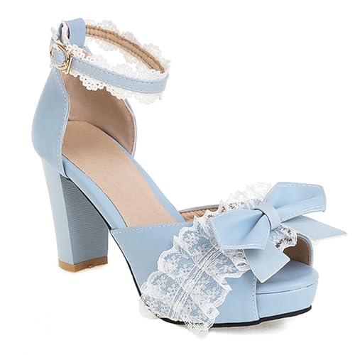Damen Offen Toe Spitze Pumps Heels Süße Bogen Lolita Prinzessin Schuhe Schnall Blockabsatz Sandalen 8.5cm Cute Schuh (Himmelblau,39) von WBITJDK
