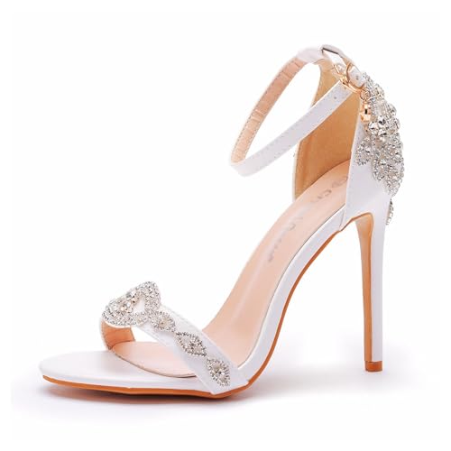 Damen Peep Toe Sandalen Glitzer Stiletto High Heel Schnall Slingback Slip-on Pumps 11cm Party Hochzeit Kleid Schuhe (Weiß,39) von WBITJDK