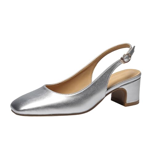 Damen Slingback Pumps Eckige Zehenkappe Sandalen Chunky Blockabsatz Niedrige Schnalle Mary Jane High Heels Pumps 5cm (Silber,38) von WBITJDK