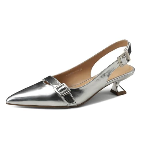 Slingback Slip-on Pumps Pointed Toe Schuh Kitten Heel Mit Knöchelschnallen Lässig Büroschuhe Dress Schuhe (Silber,35) von WBITJDK