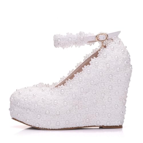 Damen Mittlerem Keilabsatz Absatz Heel Geschlossene Runde Zehe Anhänger Schuhe Mit Knöchelschnallen 10.8CM Party Hochzeit Kleid Schuhe (Weiß,37) von WBITJDK
