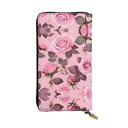 WBQLSL Hübsche rosa Rosen Geldbörse aus Leder mit Reißverschluss, 19,1 x 10,4 cm lange Clutch, mehrere Fächer und großes Fassungsvermögen, ein gutes Geschenk für Freunde von WBQLSL