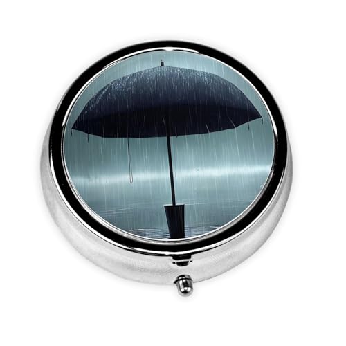 WBQLSL Schwarzer Regenschirm im Regen, gemusterte runde Medikamentenbox mit 3 Fächern, leichte und tragbare Medikamenten-Aufbewahrungsbox von WBQLSL