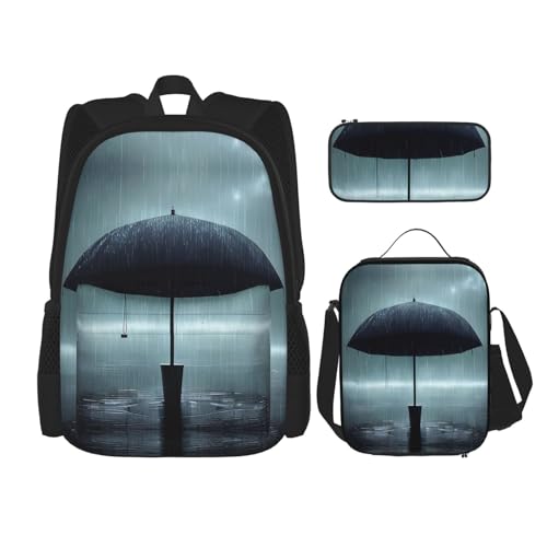 WBQLSL Schwarzer Regenschirm im Regen Muster, Schultasche + Federmäppchen + Lunchtasche, Kombinationsrucksack, geeignet für den täglichen Pendler von WBQLSL