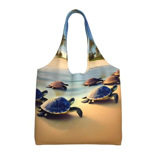 WBQLSL Turtles on the beach Bedruckte Schultertasche – geeignet für robuste Canvas-Taschen, Einkaufstaschen, Schwarz, Einheitsgröße von WBQLSL